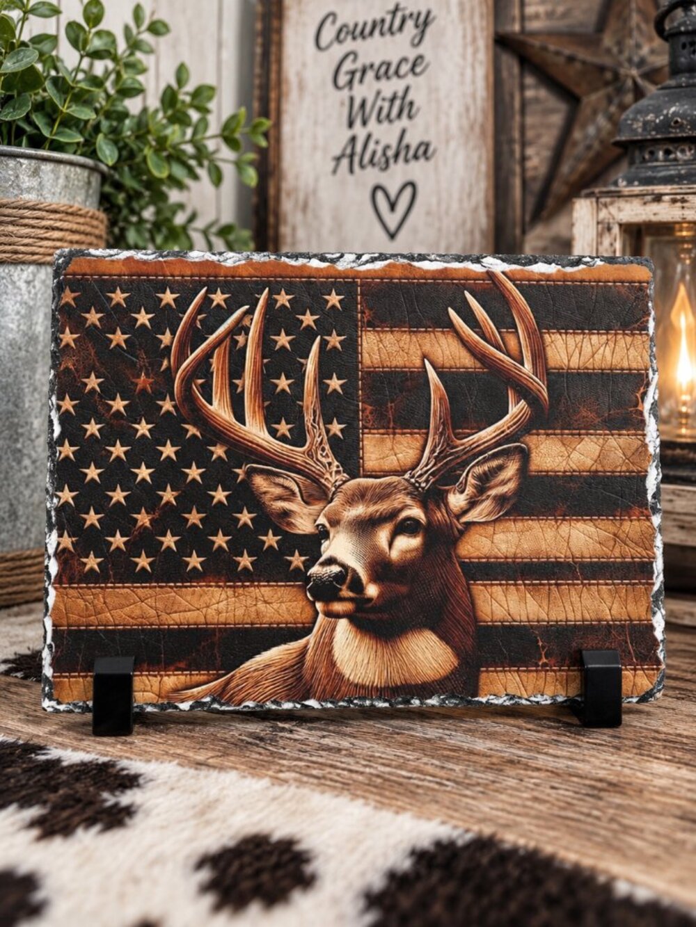Photo Rock Slate Deer American Flag Picture Stone Plaque